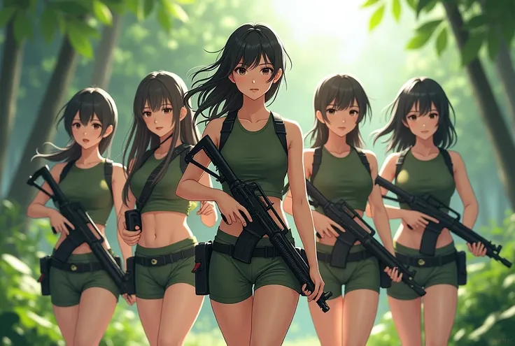 Japanese. Five lightly armed beautiful girl soldiers wearing compression shorts.