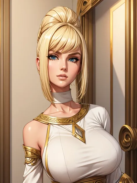 tall woman, half shaved blonde hair, simple short tunic, belrcore