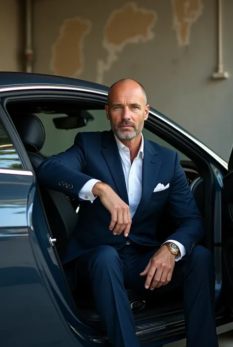 tall blonde, middle age, shaved, man, dark blue elegant suit, gold watch, sitting in car, open window, talking to camera, old garage background, new bentley car