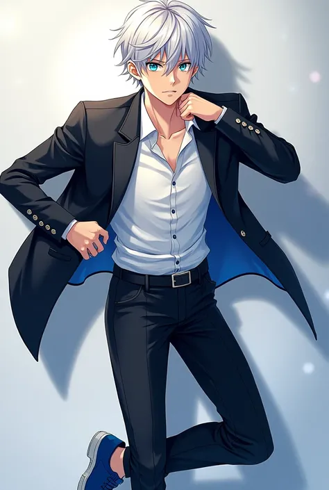 Male, Anime, 18-year old, Short white hair, Fair skin, Blue eyes, Black jacket, White shirt, Black trousers, Blue shoes