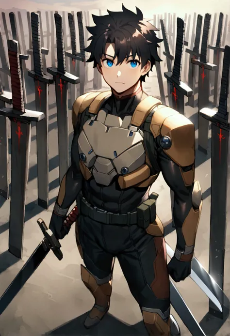 1boy、solo、maleフォーカス、Ritsuka Fujimaru (male)、Bodysuits、short hair、Black Hair、blue eyes、Outdoor、metal Gear、whole body、planted sword、Staring at the audience、、Countless Swords、The remaining sword