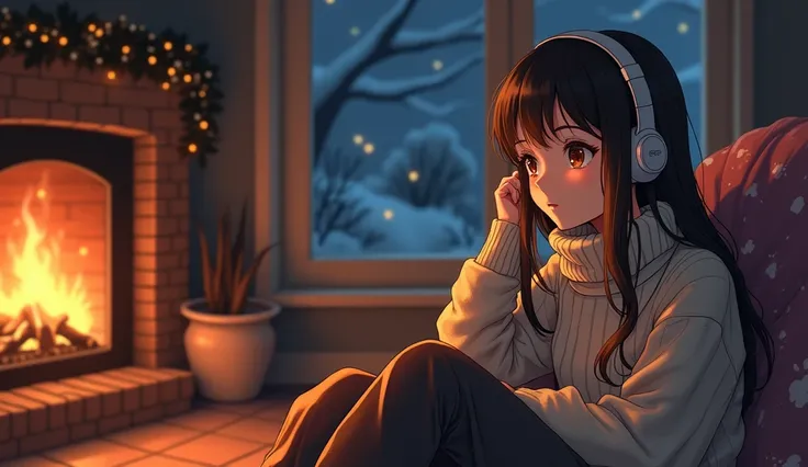 Perfect image, 8k、winter、high school girl、sweater、Long trousers、Using headphones、fireplace、 2D-style animation, Lo-Fi、Retro、Emotional、Anime style illustrations