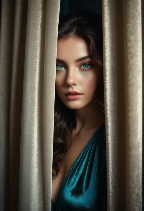 RAW photo, beautiful eyes, masterpiece, peeking out from behind the curtains, colorful details, award-winning, high detail, 8 K, daylight, analog film, detailed skin, stunning composition, complex parts, subsurface scattering, velvet hair, amazing textures...