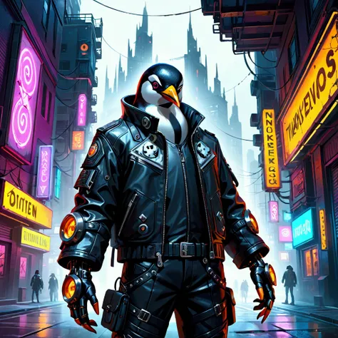 Closeup, gothic cyberpunk twist, an extremely badass anthropomorphic penguin wearing an insanely cool black leather Harley Davidson biker jacket open, black leather biker gloves, black leather biker pants, futuristic urban setting, neon lights, dystopian c...