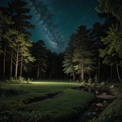 A large pine forest with fairies and nymphs fluttering around a large river and a very starry sky