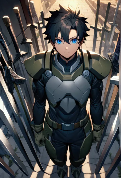 1boy、solo、maleフォーカス、Ritsuka Fujimaru (male)、Bodysuits、short hair、Black Hair、blue eyes、Outdoor、gear、whole body、planted sword、Staring at the audience、、Countless Swords、The remaining sword