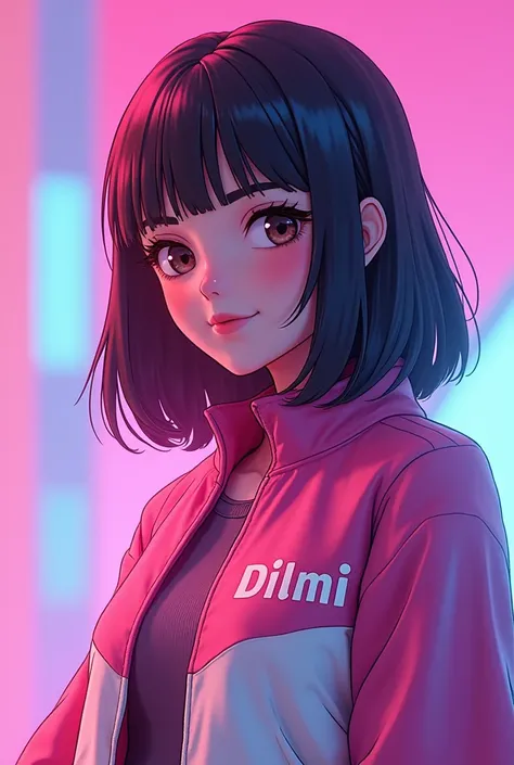 A girl is wearing a pink and white jacket and her name Dilmi has written on that.  She is in a neon blackground. She has a medium size hair. She is pretty. This should be a 3D anime picture.