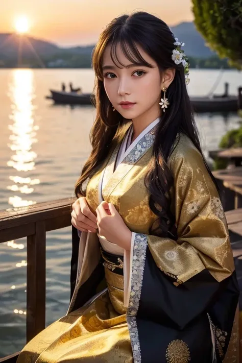 8k, Ultra-high resolution, masterpiece,Highest quality, 1 girl, Detailed face, Detailed eyes, Very long hair, Straight long hair, Small breasts, Very detailed dress, Traditional kimono costume, Black complicated clothes, jewelry,Small Earrings, Decorations...