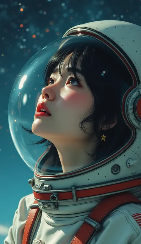 Adult female、Japanese、Black Hair、Brown eyes、Pink Lips、Shortcuts、Retro spacesuit、Upper Body、Look Up、tears、Crying face、universe space、Real、Masterpiece、Highest quality、Light reflecting off the helmet、