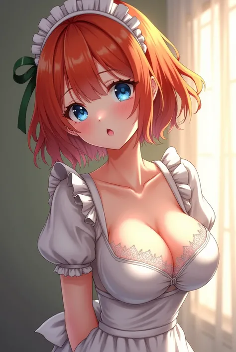 (Highest quality、Masterpiece、Very detailed、4K)、One Woman、、Orange Hair、short hair、(((Nakano Yotsuba)))、chest、arm、maid lingerie, cleavage, big breasts, big detailed blue eyes, arms behind back, ulzzang, ahegao, realistic, green hair ribbon 
