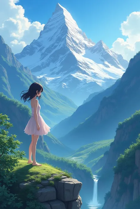 Anime girl with slim body, mountain background 