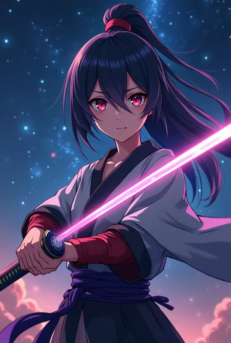 Anime girl holding a sword in front of the starry sky, badass anime 8 K, anime style 4 k, she is holding a katana sword, 4k anime wallpaper, anime wallpaper 4 k, anime wallpaper 4k, 4 k manga wallpaper, dramatic wielding katana pose, artwork in the style o...