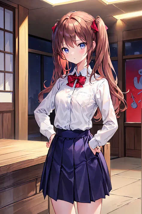 Brown Hair，Shortcuts，Messy Hair，Slender beauty，A dignified posture，小chest，Beautiful feet、Her captivating grey-blue eyes shine like stars、1 girl, ((((masterpiece))), Highest quality, Highest quality, Attention to detail, Azusa Nakano, 1 girl, Sakuragaoka Hi...