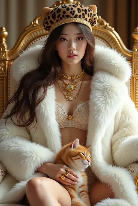 sexy young korean girl, korean, realistic, real,8k, clean, 18-year old girl with a brown gorgeous hair, pale skin, her face is also very beautiful but and looks mature. sexy, She has a fit body. wearing huge white fur coat, big leopard fur hat, fur coat co...