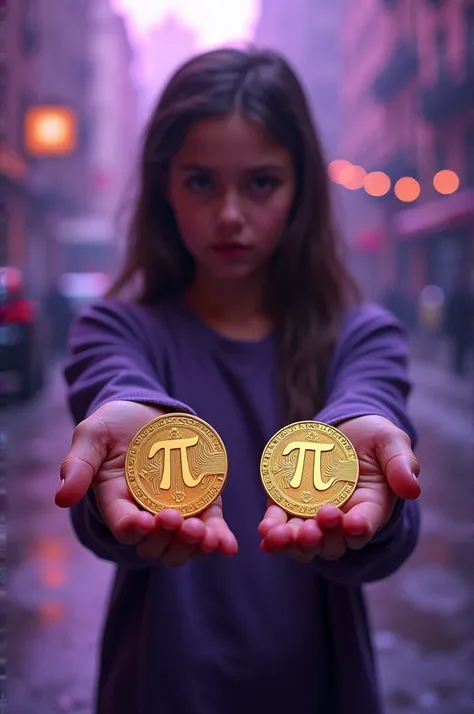 Here is the command you can use:

"A girl standing in the middle of the street, two hands holding two coins, Each coin has the letter &#39;Pi&#39; clearly engraved on it.." Purple metallic background coin, gold metallic Pi