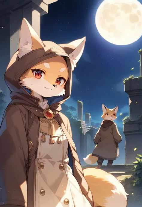 rating_safe, score_9, score_8_up, score_7_up, score_6_up, score_5_up, score_4_up, hires, highres, source_furry, cover page(kemono, furry anthro, boys, girls, fox, Golden fur, Golden yellow face fur, Red eyes, Brown elements on fur, Brown coat brown hood up...