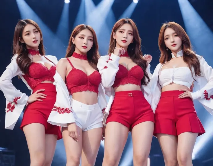 (Highest quality、4K、8k、High resolution、masterpiece:1.2)、Very detailed、(Genuine、Realistic、Realistic:1.3、Korean k-pop idol girls group dancing on stage、Underwear-style outfit