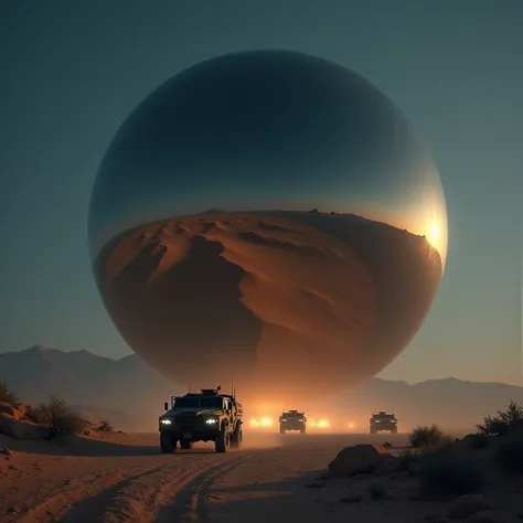 A massive smooth surfaced mirrored sphere hovers above the desert floor at night, military vehicles drive toward the sphere, photo realistic