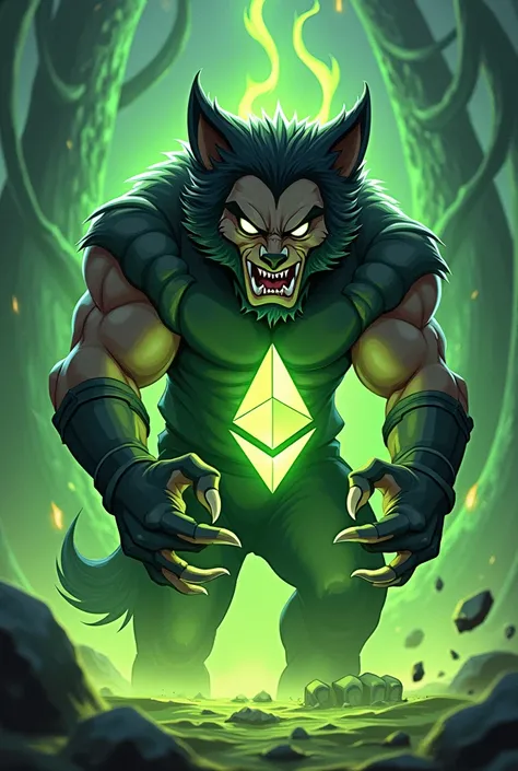 A man as a wolverine cartoon wolf holding the ethereum logo fire green