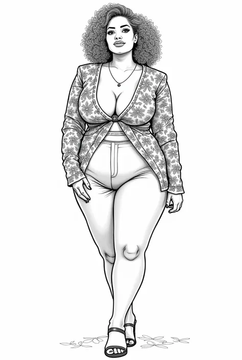 Plus size Black Women coloring page for adult, Fat Women floral coloring page, outline body, white skin, white body, no shadow, beauties parfect face and body, full body, floral elegant clothes, instead of fat, white background, white skin 