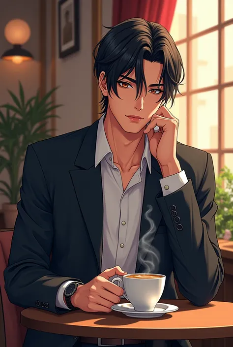 Morning coffee at a fashionable café, Dean FujioKa, short-haired, solo, Realistic anime art style, Anime Realism Style, artworK in the style of guweiz, Handsome stunning realistic, Realistic art style, digital anime illustration, semi realistic anime, Anim...