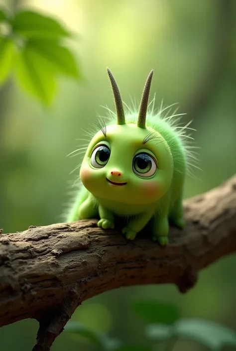 Picture Prompt: A close-up of Charlie, a cute and curious caterpillar with big, wide eyes, crawling on a tree branch. He looks around with excitement