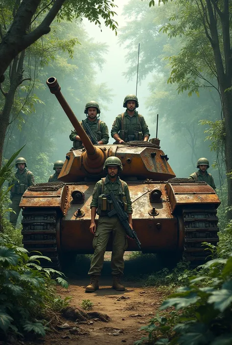 Soldiers and a rusty tank model　Jungle background

