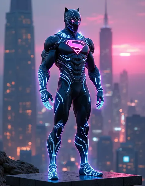 Black panther superhero wearing a iron man and super man mix futuristic neon light suit