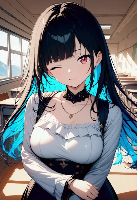 (((anime))) A woman with one eye closed,Gal,Long Hair,(Black Hair),Diagonal bangs,necklace,smile,Red eyes,Big eyes,uniform,Volume sleeve,classroom,sunlight,masterpiece,Highest quality,Exquisite,8k,Absurd,Ultra-fine illustrations,(View your viewers)