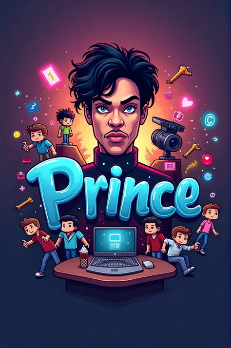 Make a creative logo, write Prince,add some figures like, cameras, mic, studio light, computer and Minecraft and its characters steve and alex 