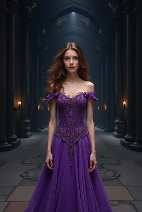 A far away image of an extremely beautiful woman, of Brown hair, eyes the color of honey, smiling , with freckles, small nose, full lips, very feminine features, dressed in a very beautiful bright purple dress, in the middle of a completely black castle ha...