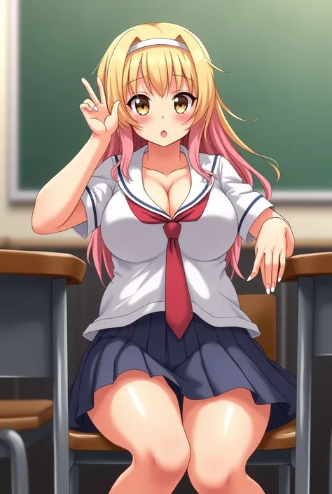 a curvaceous chubby thicc busty gyaru anime girl, fingering herself under her school desk, solo, sweat, steam, blush, looking down, tanned skin, blonde hair, pink hair, gradient hair, brown eyes, cleavage, uniform