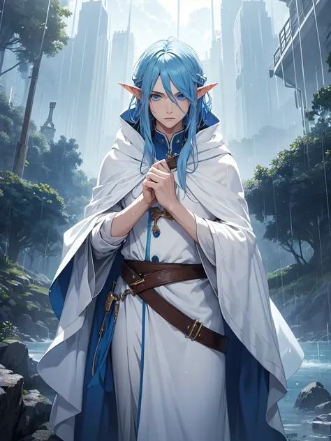 1 man, elf, blue hair, long hair, blue eyes, white clothes, long white cloak, plump lips, straight nose, cloudy sky, rain, wet hair, wet clothes, detailed background, deep blue lake