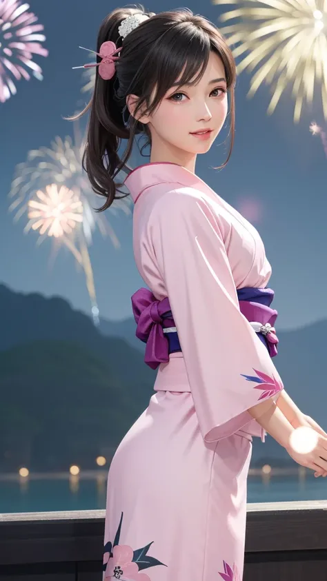 {Top Quality, Masterpiece}, (Realistic: 1.3), Wallpapers, ultra high res, ultra high quality, BREAK {{{FF7, Tifa_lockhart, solo}}},(ponytail), Ultra-detailed face, Detailed eyes, Red eyes, (black brown hair, Large breasts: 1.0), (she is wearing a pink beau...