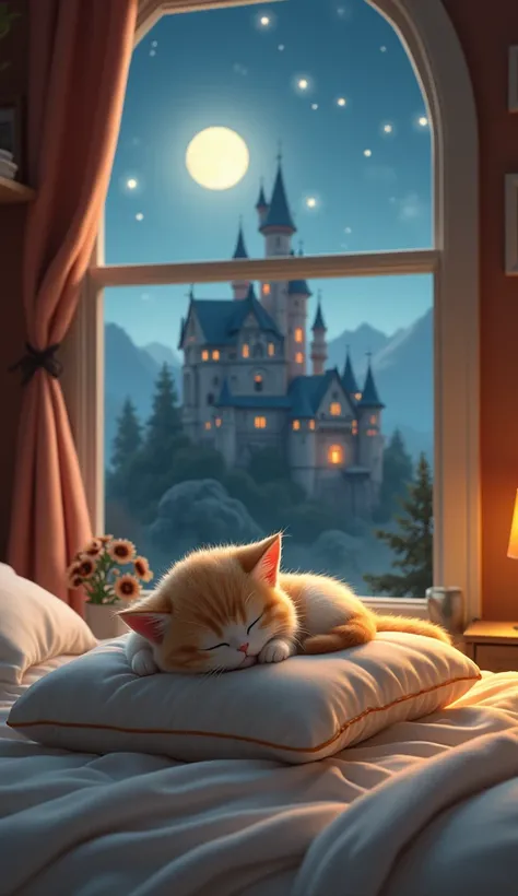 Highest quality, Bedroom、Cute cat sleeping on a pillow,A room with a castle view from the window,High resolution, Back view, 短足Back view, moon,star