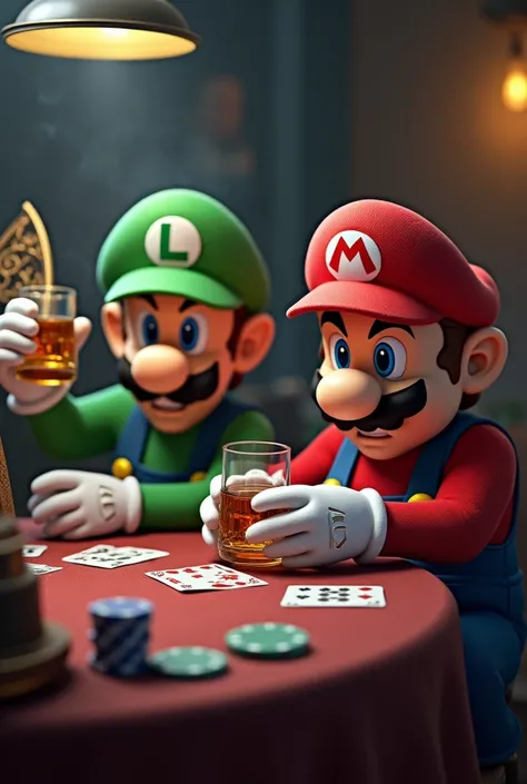 Mario Bros playing poker while smoking a fan and holding a glass of whiskey 