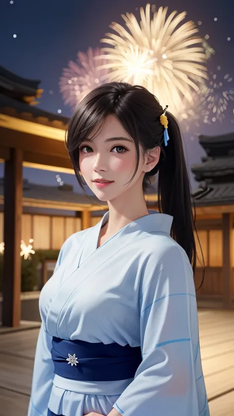 {Top Quality, Masterpiece}, (Realistic: 1.3), Wallpapers, ultra high res, ultra high quality, BREAK {{{FF7, Tifa_lockhart, solo}}},(ponytail), Ultra-detailed face, Detailed eyes, Red eyes, (black brown hair, Large breasts: 1.0), (she is wearing a cute yuka...