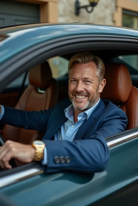  blonde, 40 years old,  man, dark blue elegant suit, gold watch, sitting in car, open window, talking to camera 3 meters from him old garage background, new bentley car