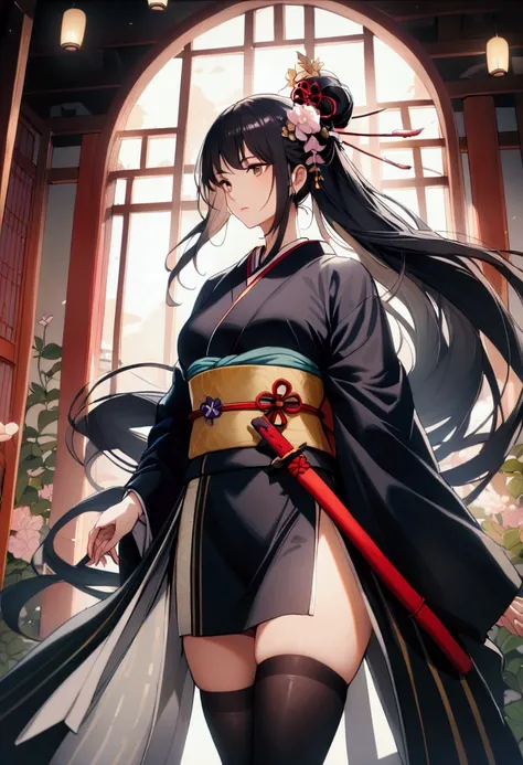 slender, mature female, rating:safe, 1girl, kimono, black_hair, japanese_clothes, thighhighs, kimono, wide_sleeves, long_hair, sheath, standing, long_sleeves, hair_ornament, solo, cowboy_shot, sash, flower, black_legwear, sheathed,