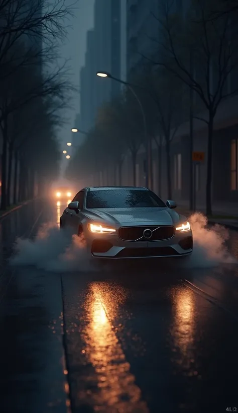 Car driving on empty street in the middle of the night