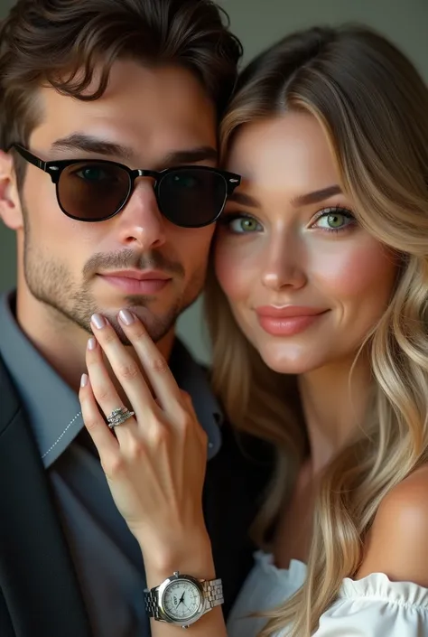 (Photorealism:1.1) a couple man dark brown hair and brown eyes together with a woman blonde green eyes long hair  no grid da formula 1 óculos Rayban e um IWC portuguese e usando aliança de casamento 8k ultra realistic super detailed