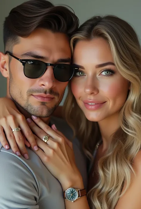 (Photorealism:1.1) a couple man dark brown hair and brown eyes together with a woman blonde green eyes long hair  no grid da formula 1 óculos Rayban e um IWC portuguese e usando aliança de casamento 8k ultra realistic super detailed