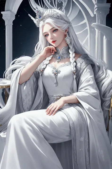 ,((Highest quality))),8k,((masterpiece)),(Very sophisticated and beautiful), The Swan Princess of Russian Mythology, Beautiful calm face,  Long white hair braided, White and shiny old Russian clothing, Loving eyes, Half-laugh, full length, Realism、sexly、se...