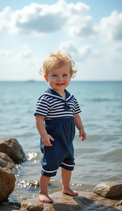 Create UHD photorealistic realistic image, no animation, no 3D image, no Pixar style. A 26-month-old French boy with sandy blonde hair and bright blue eyes, standing on a rocky beach, playing near the waters edge. He is wearing a striped sailor outfit. The...