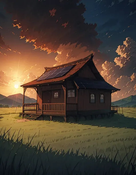 Masterpiece 8k Studio ghibli cabaña acogedoraMasterpiece 8k Studio ghibli cabaña acogedora A serene landscape of a grass field under a hellish sky with clouds. shadow, sunset natural light lighting!!!!! solar 8khdr!!!! shadow, sunset natural light lighting...