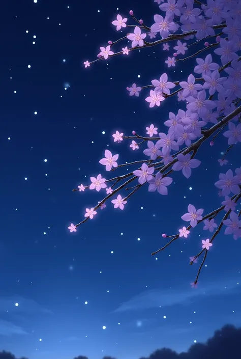 Create a serene night scene with a focus on the delicate branches of a cherry blossom tree. The blossoms should be a soft, glowing purple, contrasting beautifully against the deep, dark night sky. Gentle snowflakes should fall lightly, adding a sense of ca...