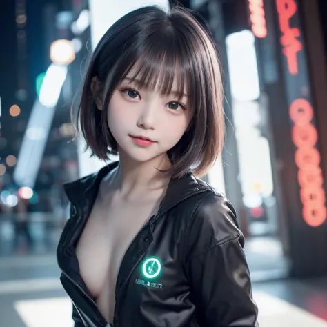 Highest quality、8k,(((Beautiful girl small breasts))),Wearing a black jacket、Cyberpunk Red Green Background、(((Upper body naked))),smile,(((Small body))),(((Cute little sister))),、、Round face,Big eyes, Round eyes、No makeup、Sweaty、Childlike face