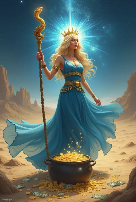 Infinity woman with blonde hair, blue dress and crown on her head with a snake-shaped staff in the desert full of coins and money bills and a large cauldron full of coins and starry sky 