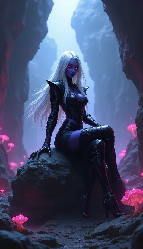 Drow female from baldurs gate, best quality, ultra-detailed CG unity 8k wallpaper,       sitting on a boulder, high resolution, dynamic pose, beautiful face, (dark platemail armor, red eyes), depth of field, underdark setting, magic light), (high fantasy) ...