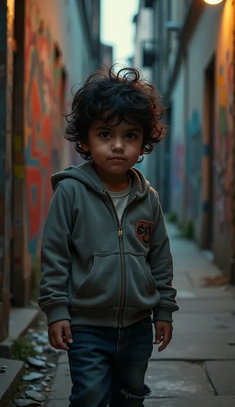 Create UHD photorealistic realistic image, no animation, no 3D image, no Pixar style. A 34-month-old French boy of mixed French-Arabic descent, with dark hair and intense brown eyes, dressed in a casual hoodie and jeans. He is standing in a dimly lit alley...